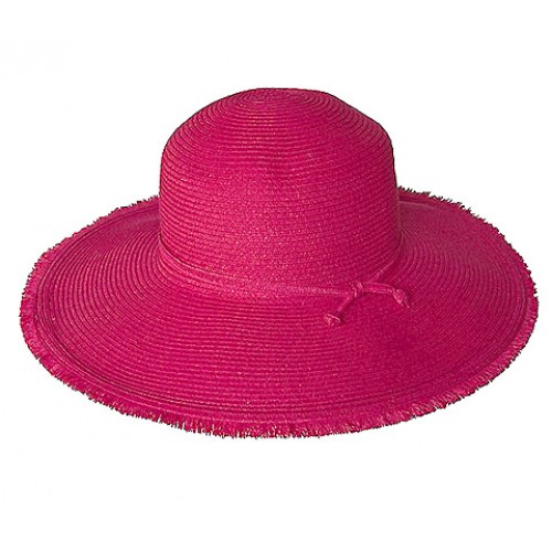 Wide Brim Braided Paper Straw Hat w/ Frill - Fuchsia - HT-ST255FU
